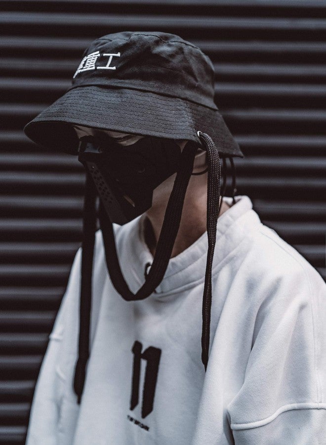 Niepce Inc Japanese Streetwear Men's Techwear Bucket Hat with String Black - Image 2
